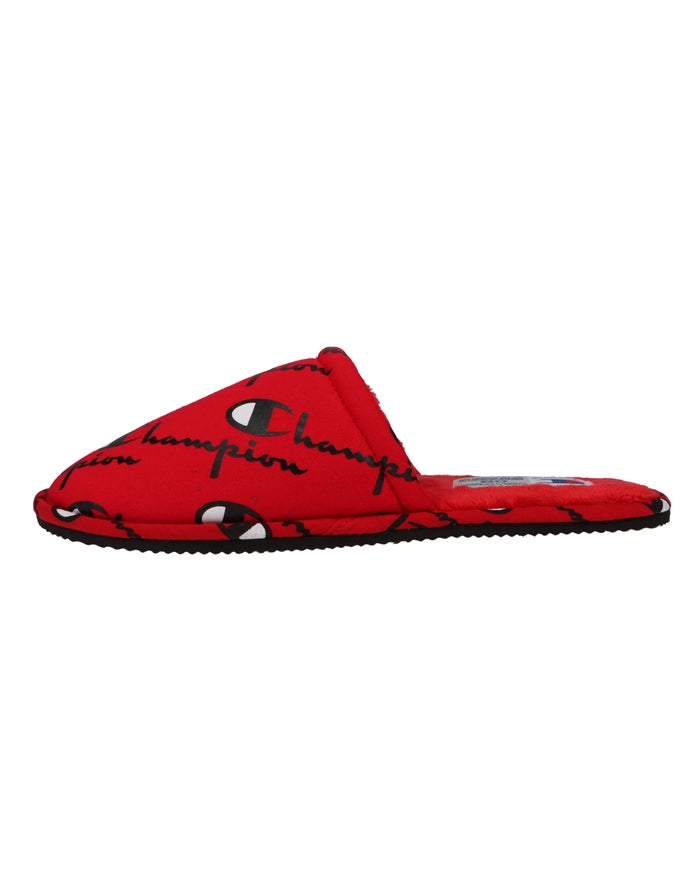 Men's Champion Sleepover All Over Logo Slippers Deep Red | JSGNI5306