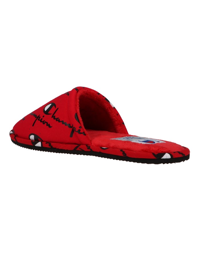 Men's Champion Sleepover All Over Logo Slippers Deep Red | JSGNI5306