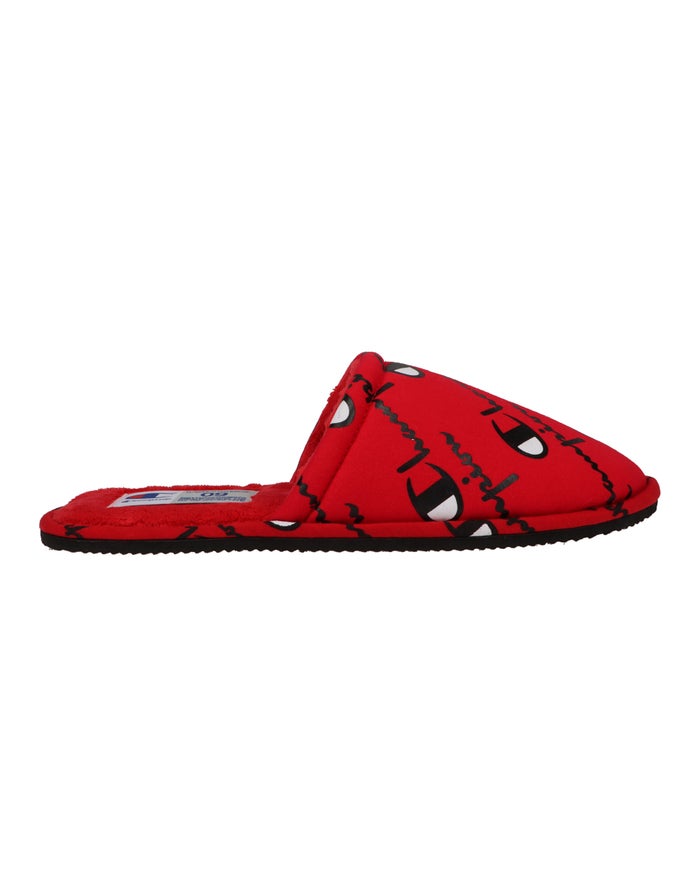 Men\'s Champion Sleepover All Over Logo Slippers Deep Red | JSGNI5306