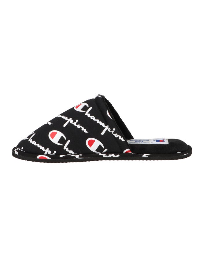 Men's Champion Sleepover All Over Logo Slippers Black | JWRIT7598