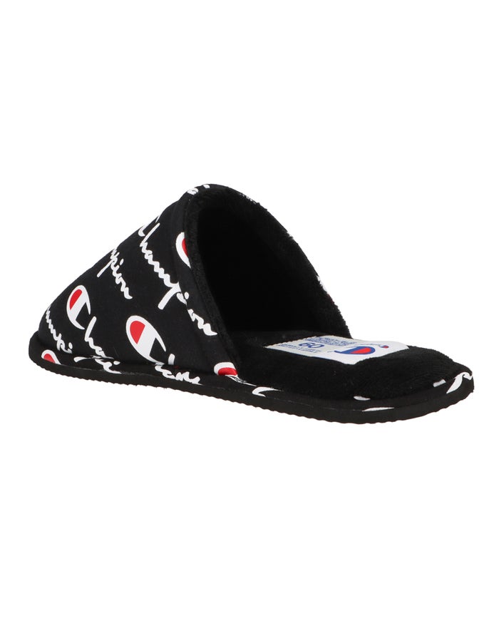 Men's Champion Sleepover All Over Logo Slippers Black | JWRIT7598