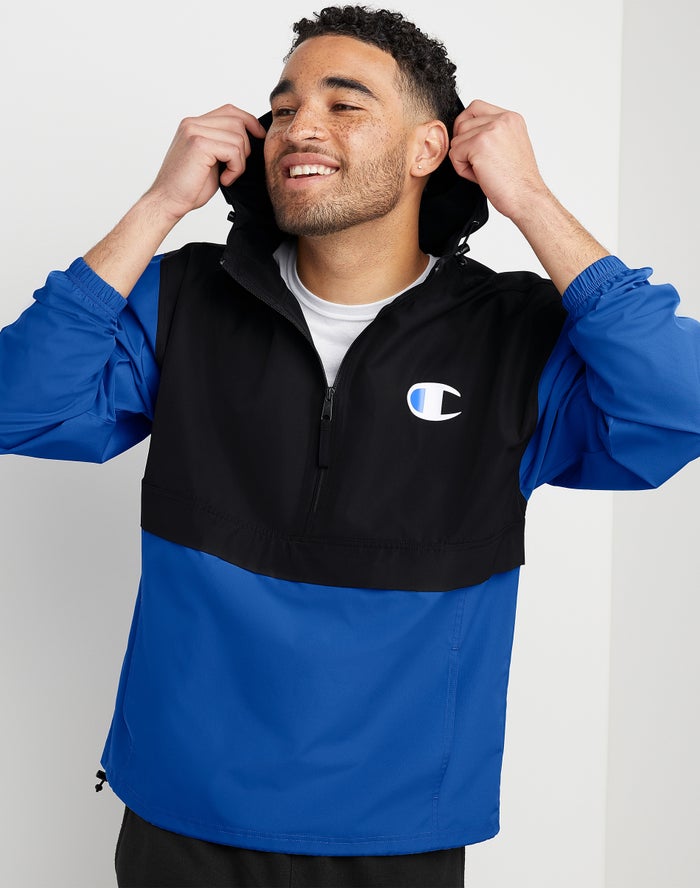 Men's Champion Stadium Packable C Logo Jackets Black / Light Royal | JHUWK2589