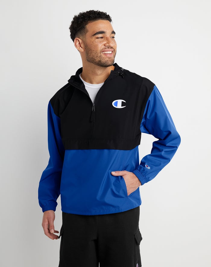 Men\'s Champion Stadium Packable C Logo Jackets Black / Light Royal | JHUWK2589