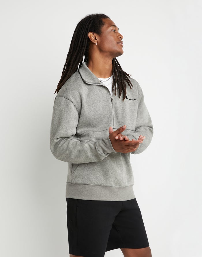 Men's Champion Tech Weave Half-Zip Script Hoodie Grey | VXIUO5230