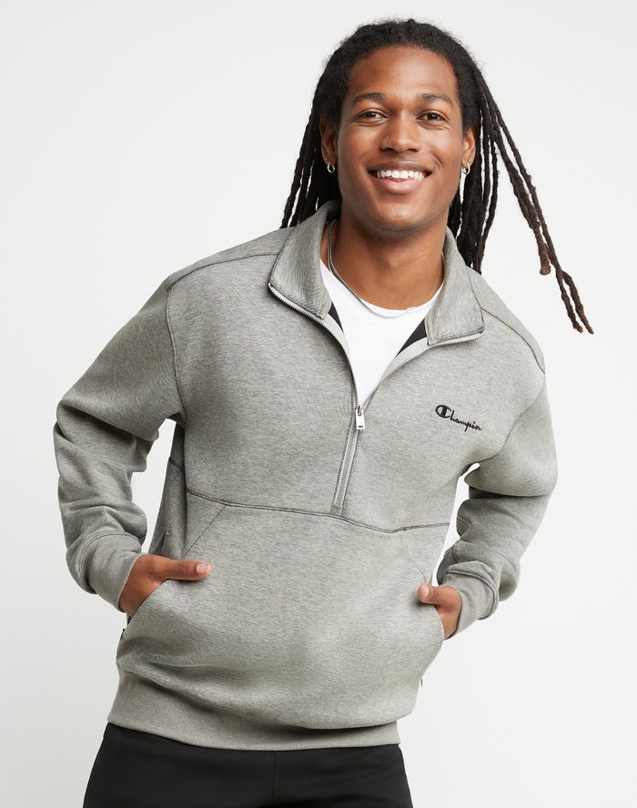 Men's Champion Tech Weave Half-Zip Script Hoodie Grey | VXIUO5230