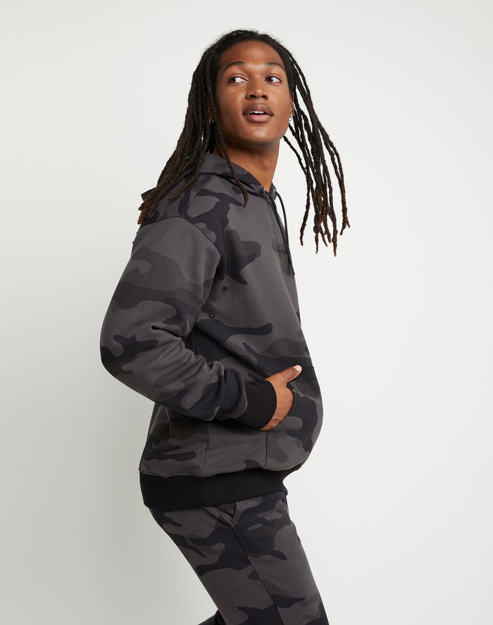 Men's Champion Tech Weave Script Hoodie Camo Grey | UXSVM2597