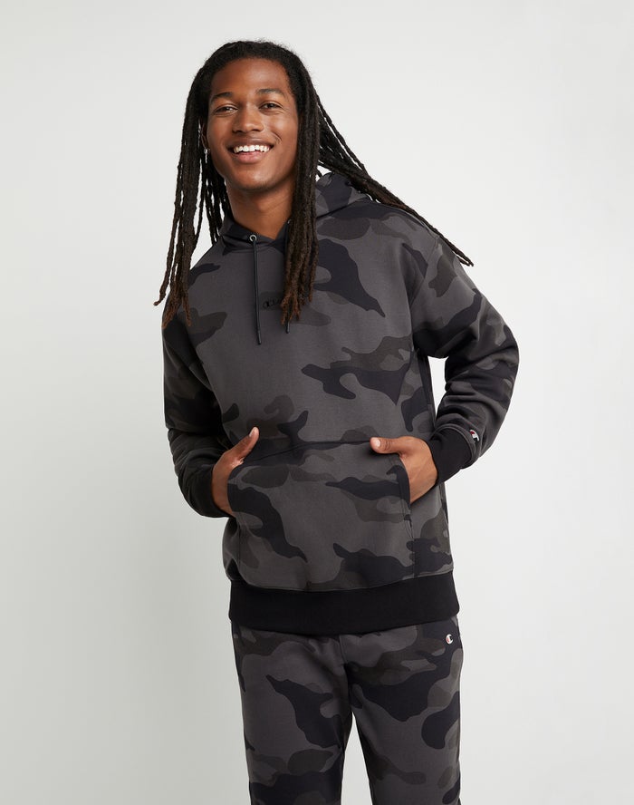 Men\'s Champion Tech Weave Script Hoodie Camo Grey | UXSVM2597