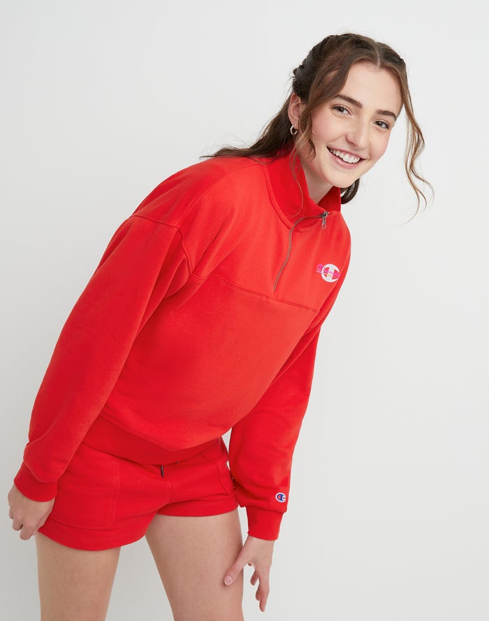 Women's Champion Campus French Terry Quarter-Zip Hoodie Red | TQANK0785