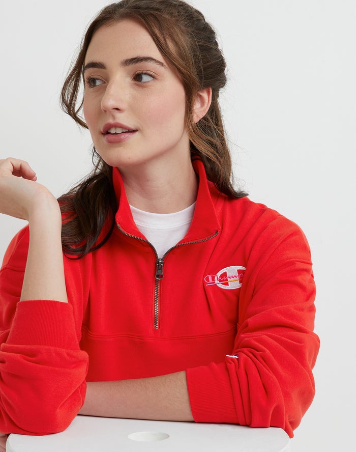 Women's Champion Campus French Terry Quarter-Zip Hoodie Red | TQANK0785