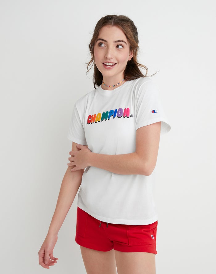 Women's Champion Classic Bubble Script Logo T Shirts White | BKULG0168