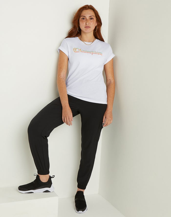 Women's Champion Classic Chromatic Script Logo T Shirts Black | IKCXA0125