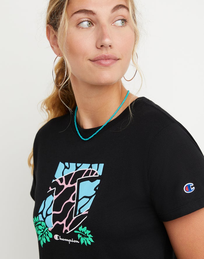 Women's Champion Classic Tropical C T Shirts Black | NHESK6908