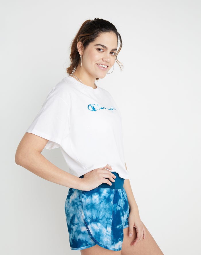 Women's Champion Cropped Crush-Dye Script Logo T Shirts White / Turquoise | RYJTG1673