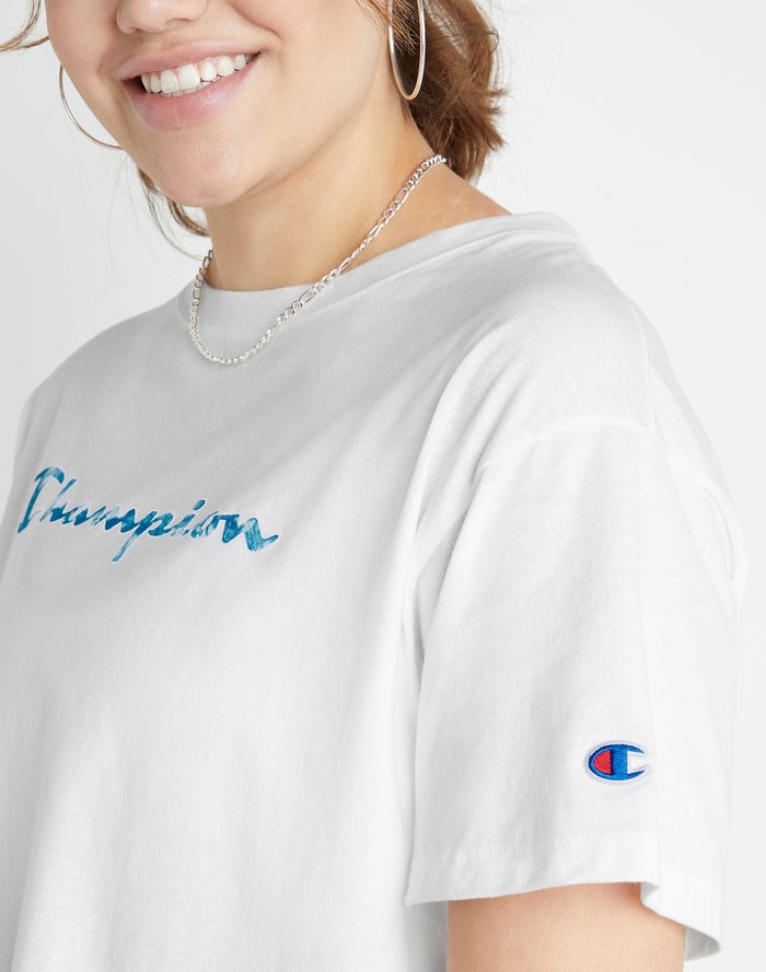 Women's Champion Cropped Crush-Dye Script Logo T Shirts White / Turquoise | RYJTG1673