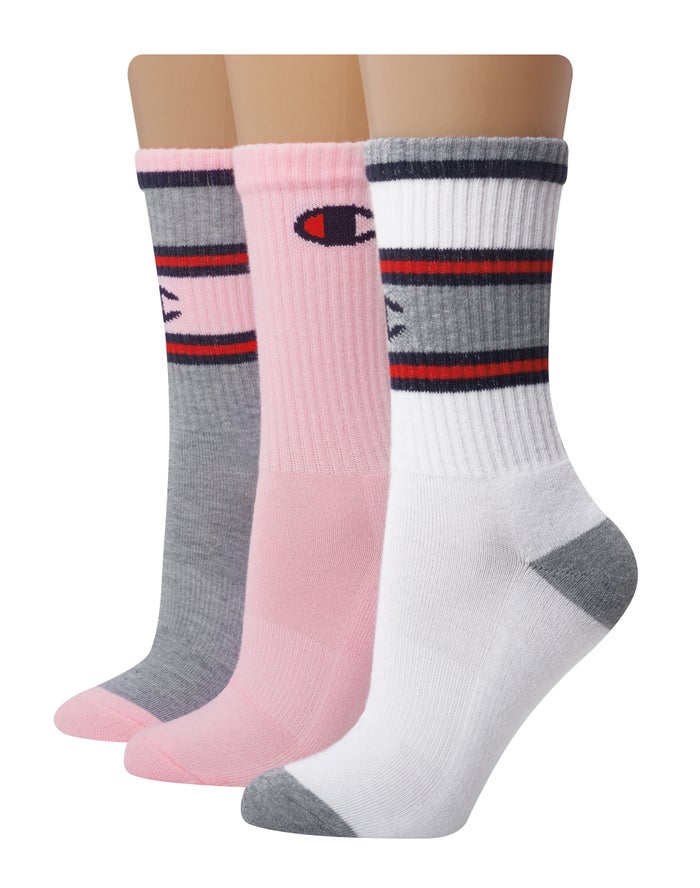 Women\'s Champion EmbroideLogo 3-pairs Socks Pink / White | TVAWD9032