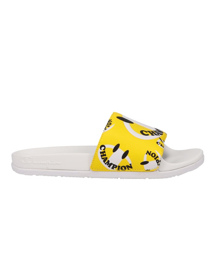 Women's Champion IPO Squish Smile Slides White / Yellow | TIUOF5197