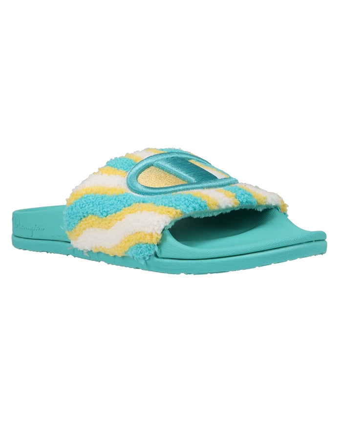 Women\'s Champion IPO Squish WavesPopcorn Slides Turquoise / White | DGRNE7163