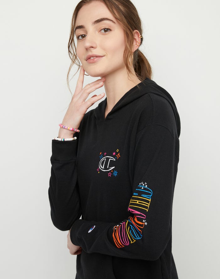 Women's Champion Middleweight Sketches Hoodie Black | IRATL2195