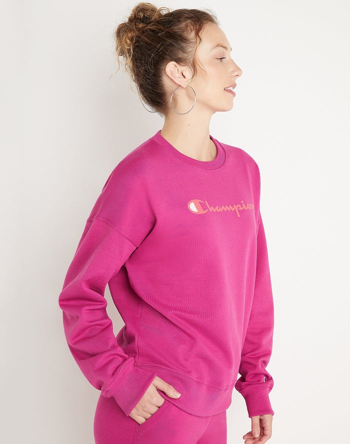 Women's Champion POWERBLEND FLEECE RELAXED SCRIPT LOGO Hoodie Purple | OELIJ5428