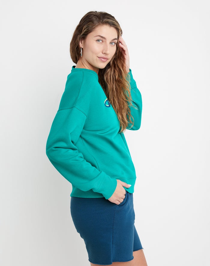 Women's Champion Powerblend Fleece Relaxed Shadow Script Hoodie Green | COMGA0389