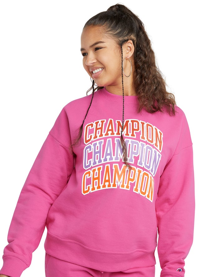 Women\'s Champion Powerblend Fleece Relaxed Arch Repeat Logo Hoodie Purple | IHZGP8721