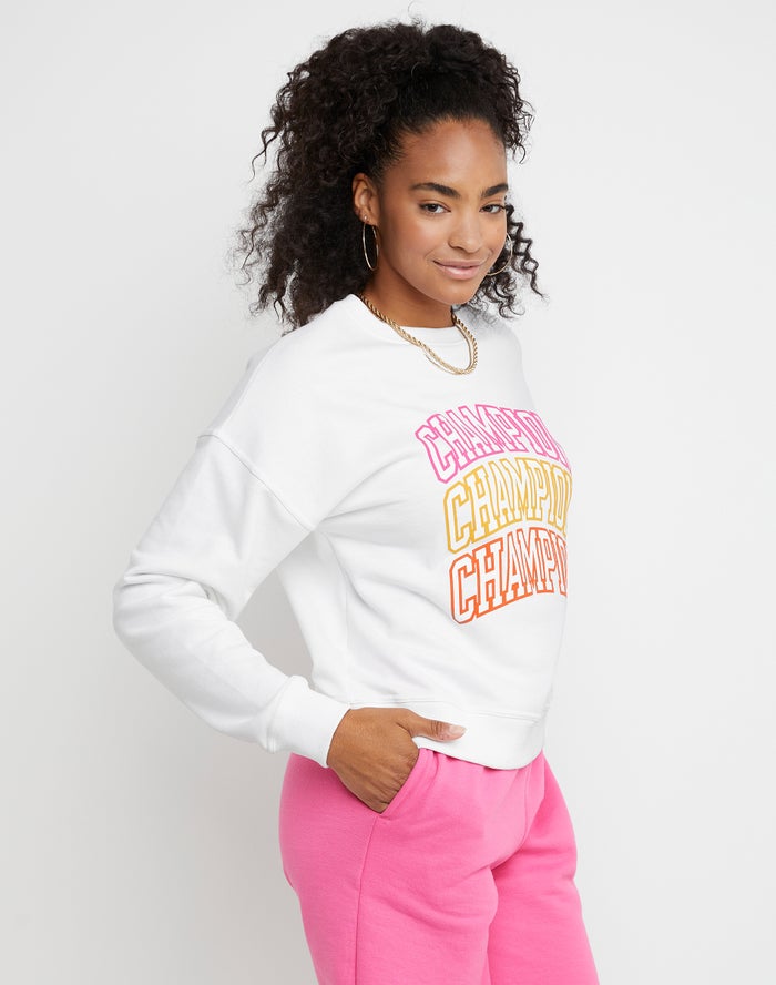 Women's Champion Powerblend Fleece Relaxed Knockout Arch Repeat Logo Hoodie White | MPXZR9036