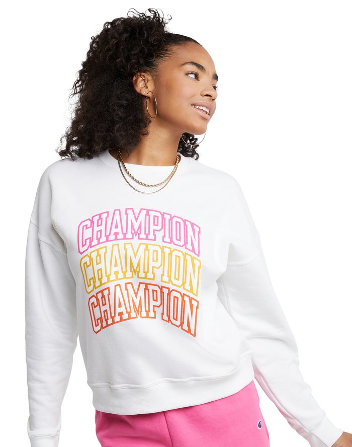 Women\'s Champion Powerblend Fleece Relaxed Knockout Arch Repeat Logo Hoodie White | MPXZR9036