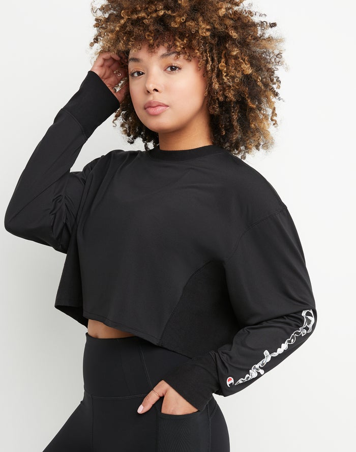 Women's Champion Soft Touch Cropped Crush Dye Script Logo T Shirts Black | ONIPG7590