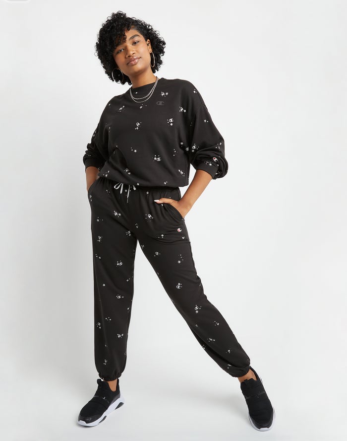 Women's Champion Soft Touch Drawstring Star Clusters Hoodie Black | KNIAB4083