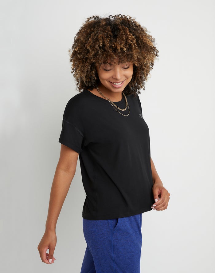 Women's Champion Soft Touch Essential T Shirts Black | UOLKQ8542