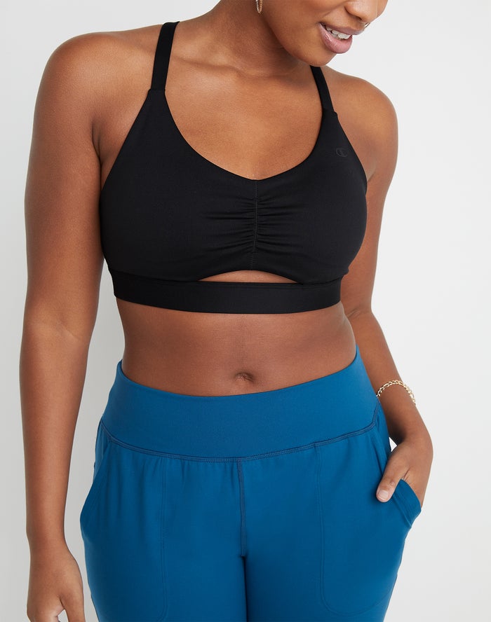 Women's Champion Soft Touch Ruched Sports Bras Black | KWMOJ8297