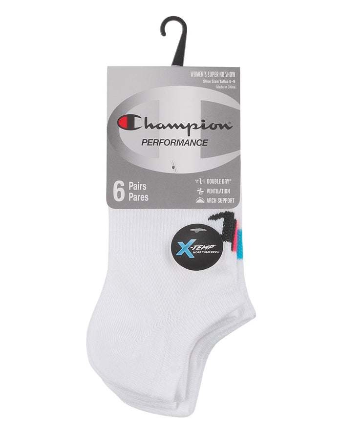 Women's Champion Super No-Show 6-Pairs Socks White / Black | COVQN5829