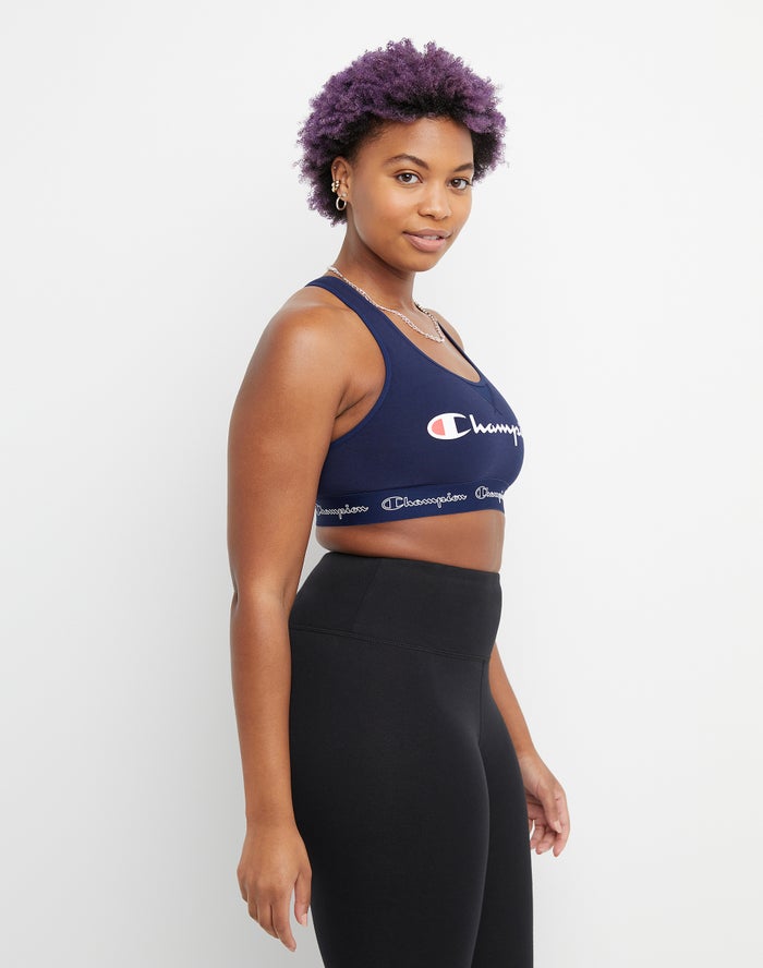 Women's Champion The Authentic Sports Script Logo Bras Black | VIEKZ1784