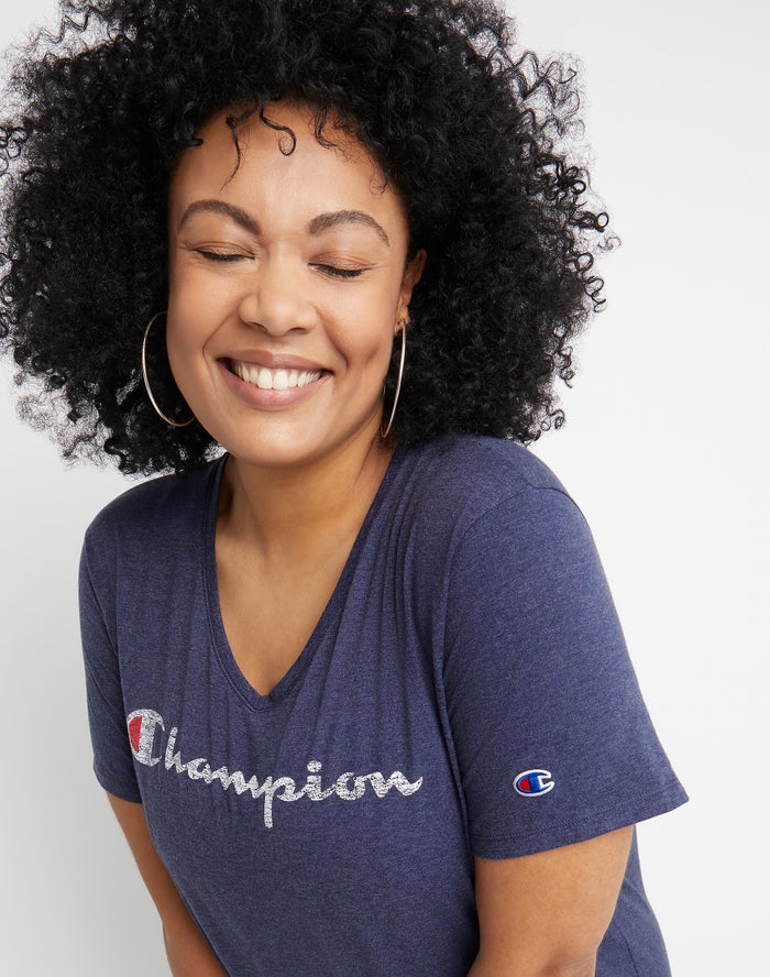 Women's Champion V-Neck Script Logo Tops Black | XKOZG2736